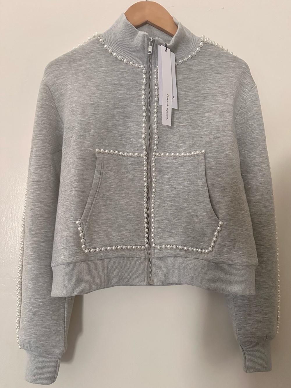 AKIRA Light Gray Pearl-Trim Bomber Jacket